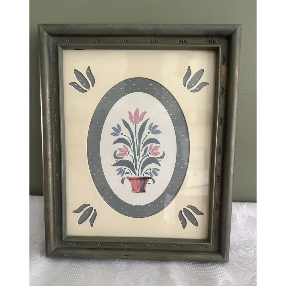 Vintage Floral Folk Art Framed Print Cottage Farmhouse 9.5 x 11.5 Wood Tulip USA